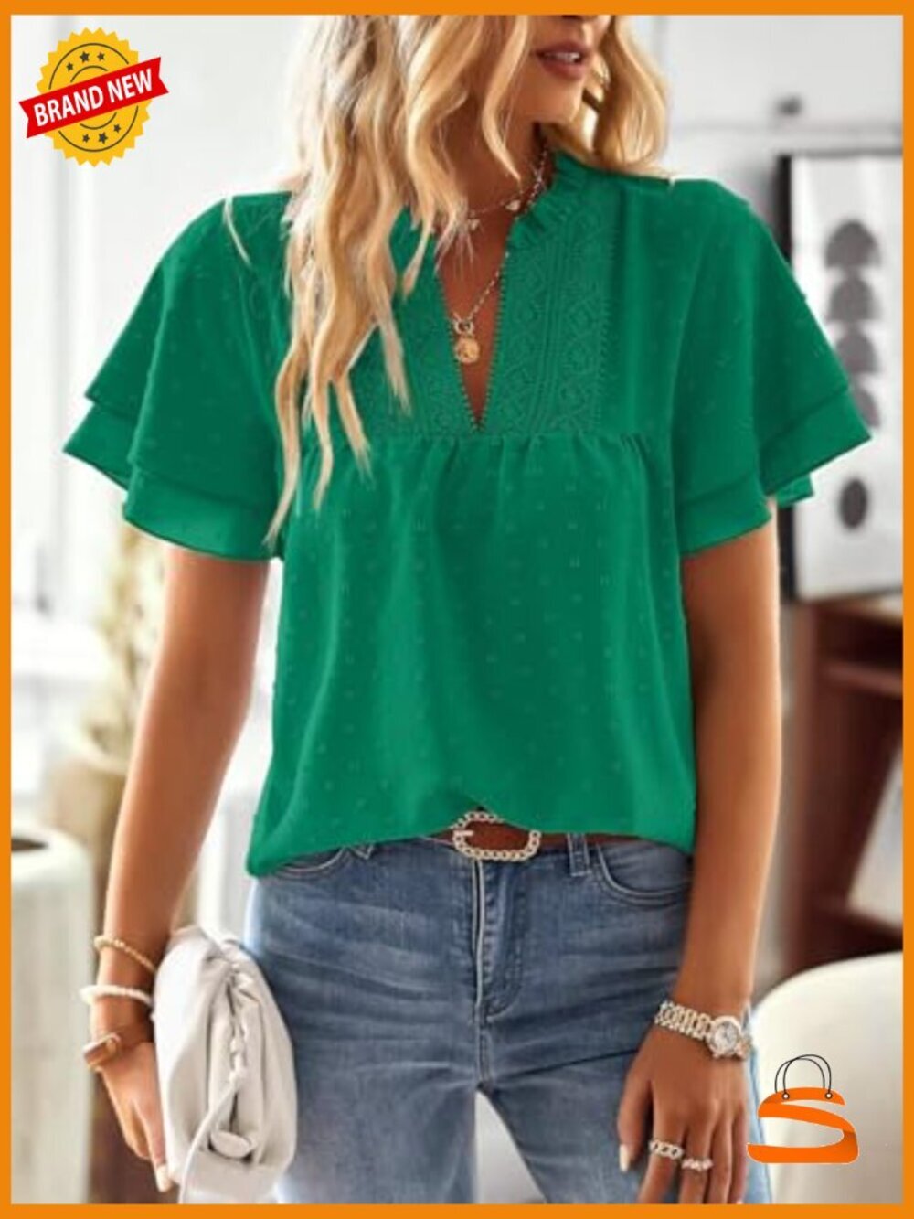 Butterfly Sleeve V Neck Swiss Dot Blouse - Dressy Casual Flowy Top - Picture 4 of 7